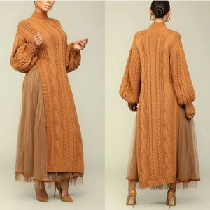 $150 Kelly Obi Chunky Cable Knit Sweater Dress Sz L High Slits Balloon Sleeves